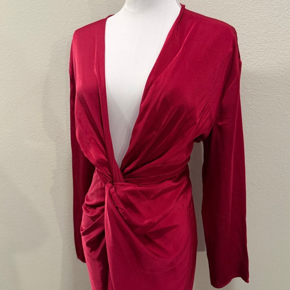 Mango Red Burgundy Satin Knot Front Maxi Dress Deep V Long Sleeve Sexy Cocktail - Picture 6 of 10